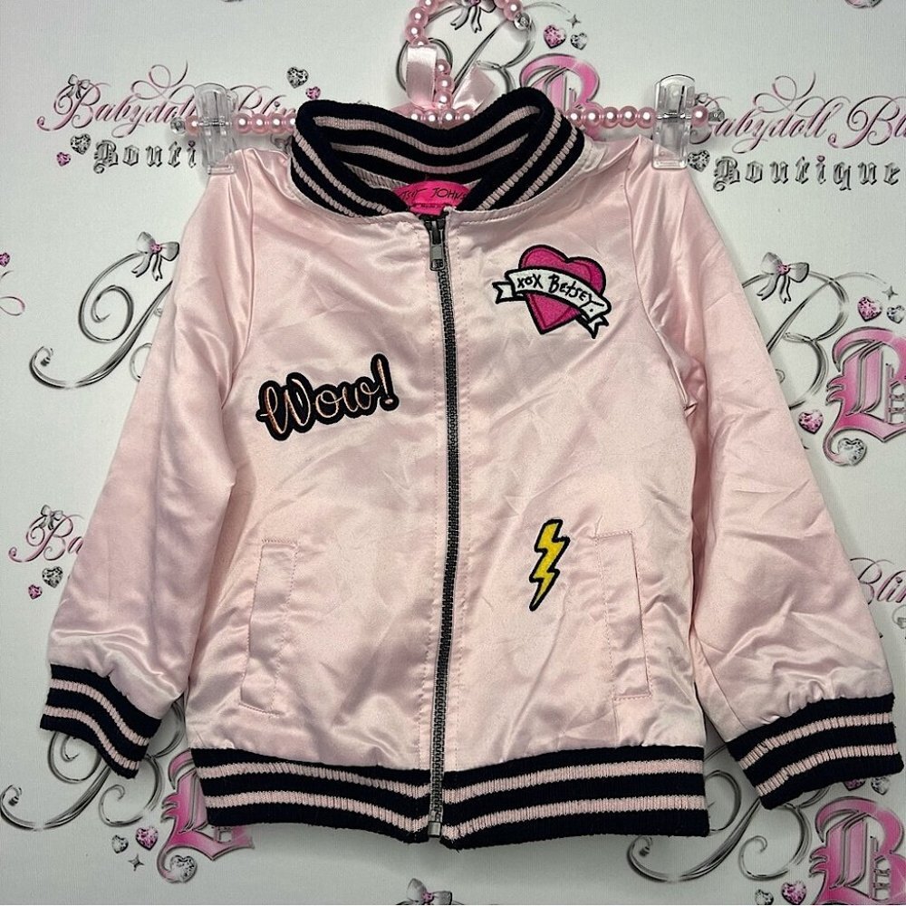 Betsey Johnson bomber jacket coat kids shiny satiny silky fabric pink embroider